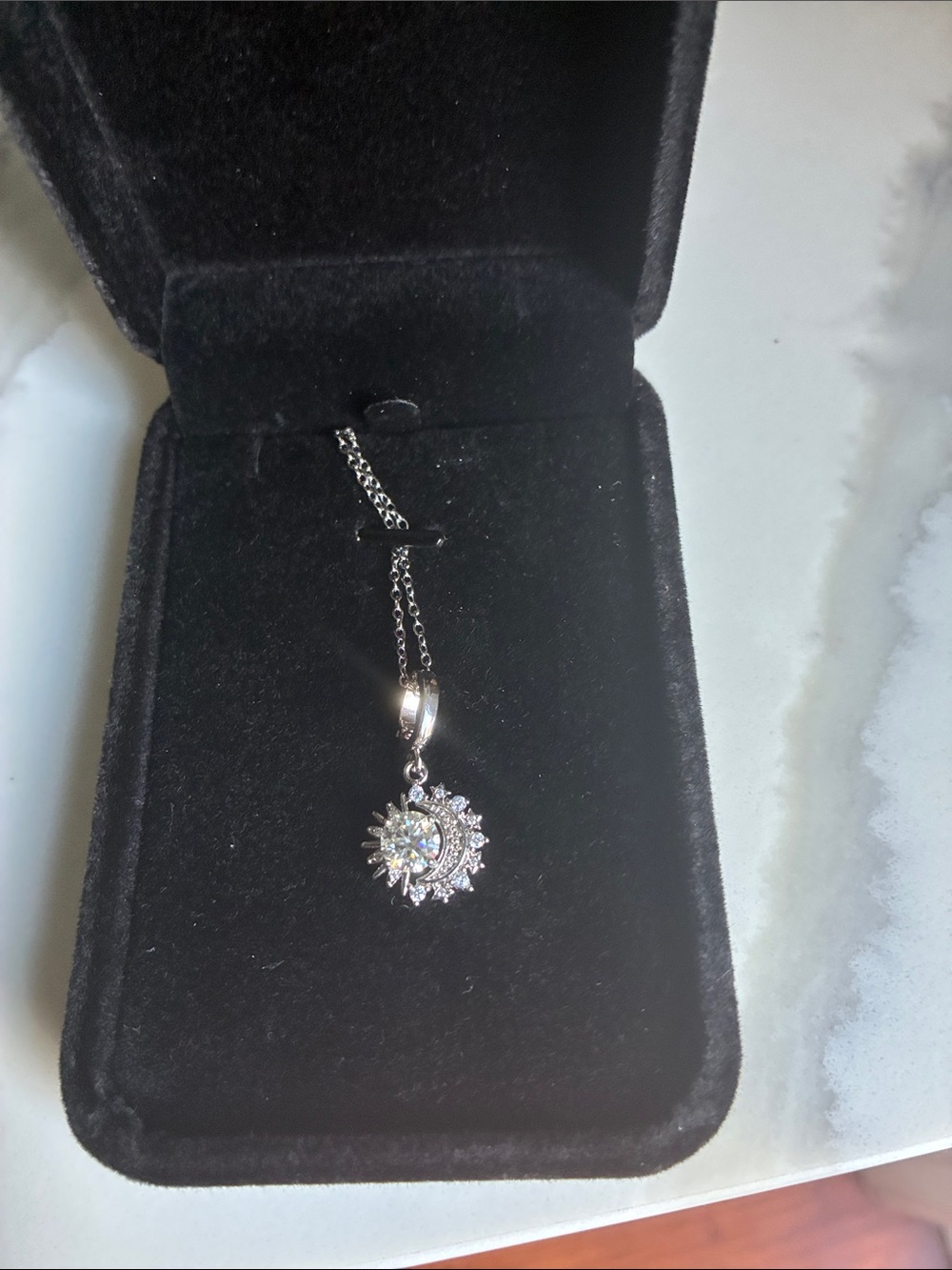 Sterling Silver Sunburst Pendant Necklace with Moissanite gemstones